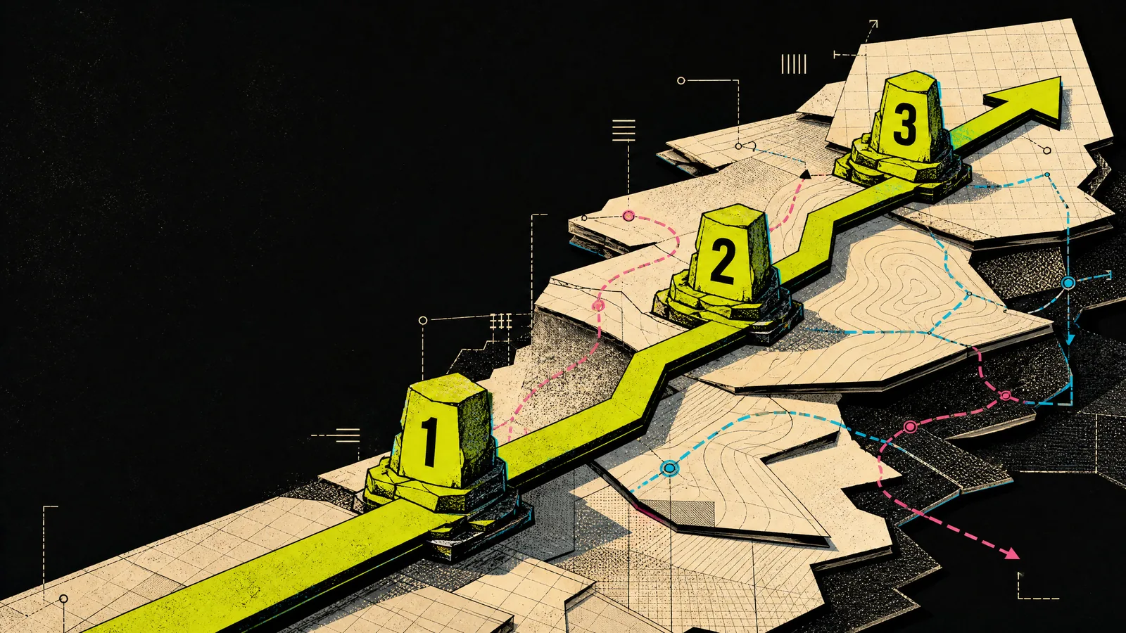 Abstract route map with three career-planning waypoints